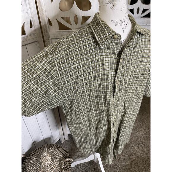 Pure Stuff Plaid Button Short Sleeve Cotton Western Green Shirt Top Sz Large - Picture 2 of 4